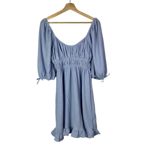 Boutique Dee Elly Light Blue Ruffle Peasant Long Sleeve Mini Dress S - Picture 1 of 4
